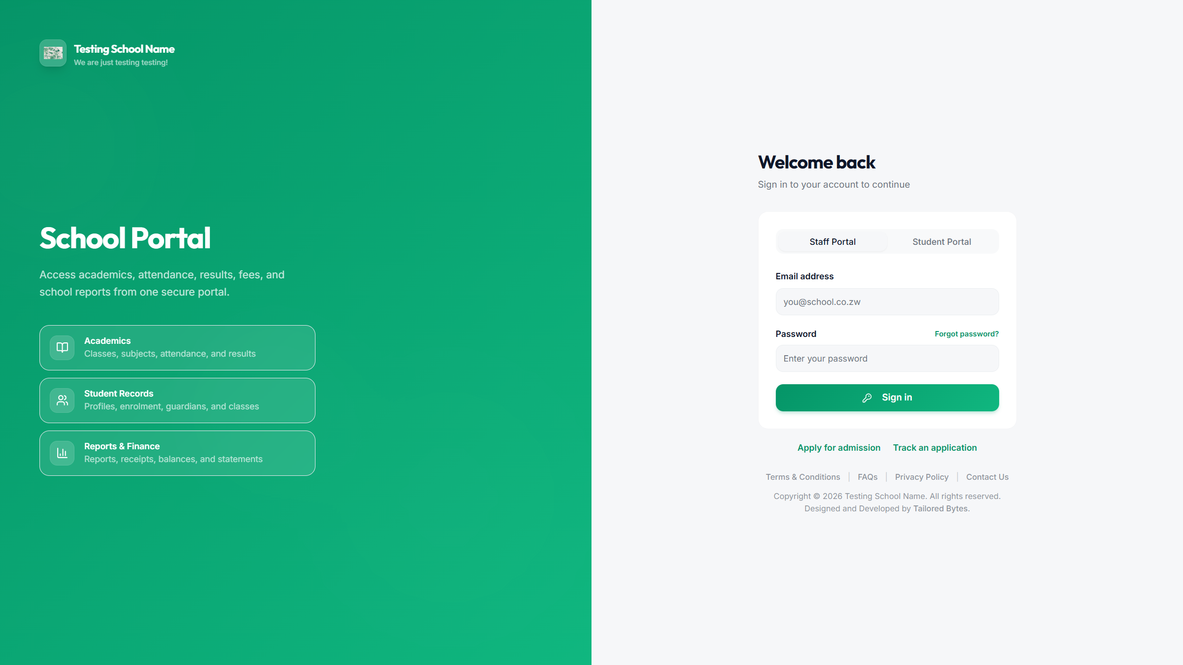 Portal login with Staff and Student tabs