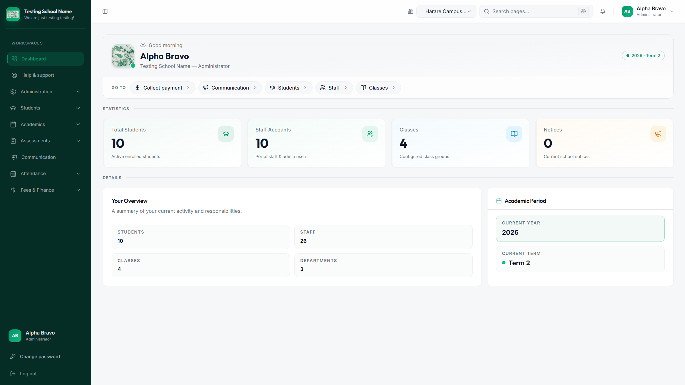 Administrator dashboard with counts and shortcuts