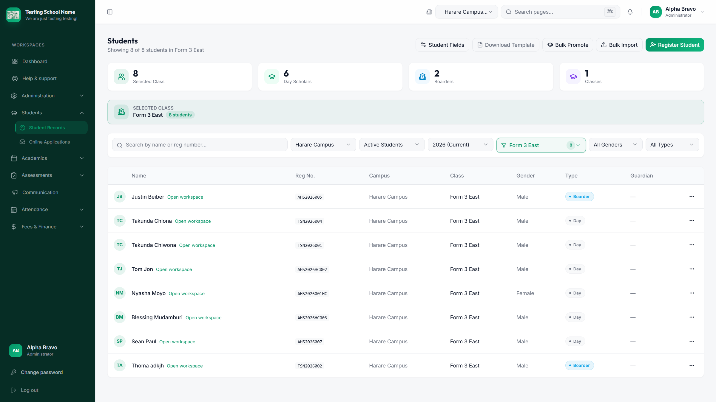 Student records list with filters and register student