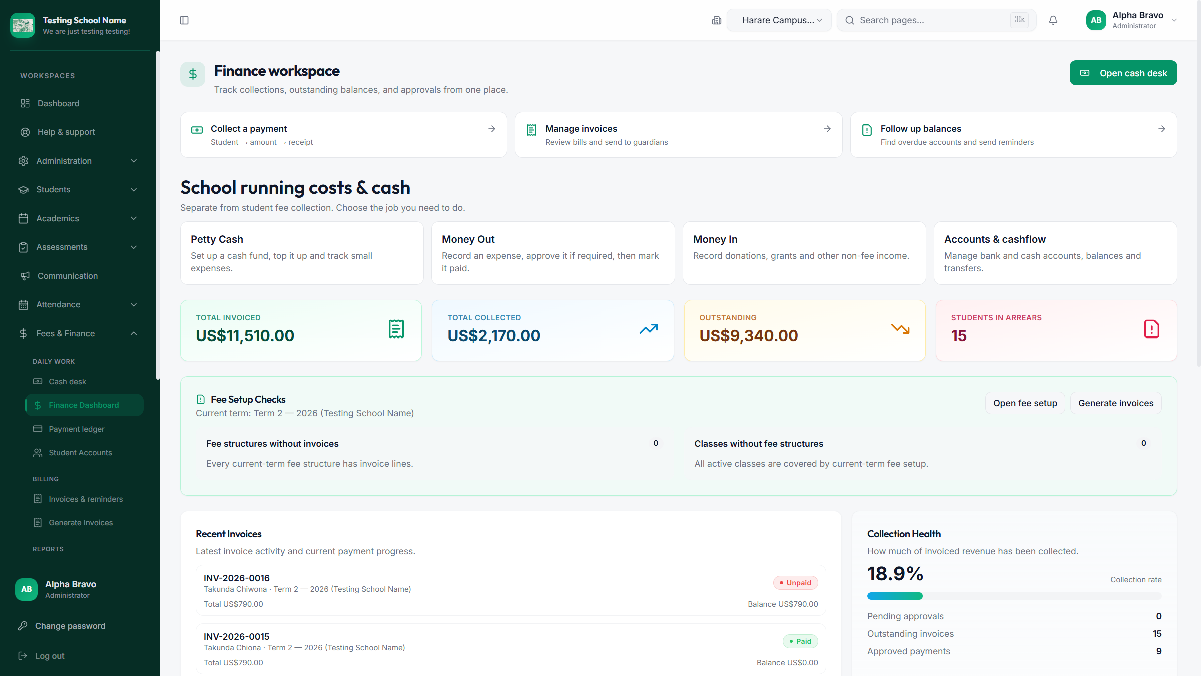 Finance workspace with invoiced, collected and outstanding totals
