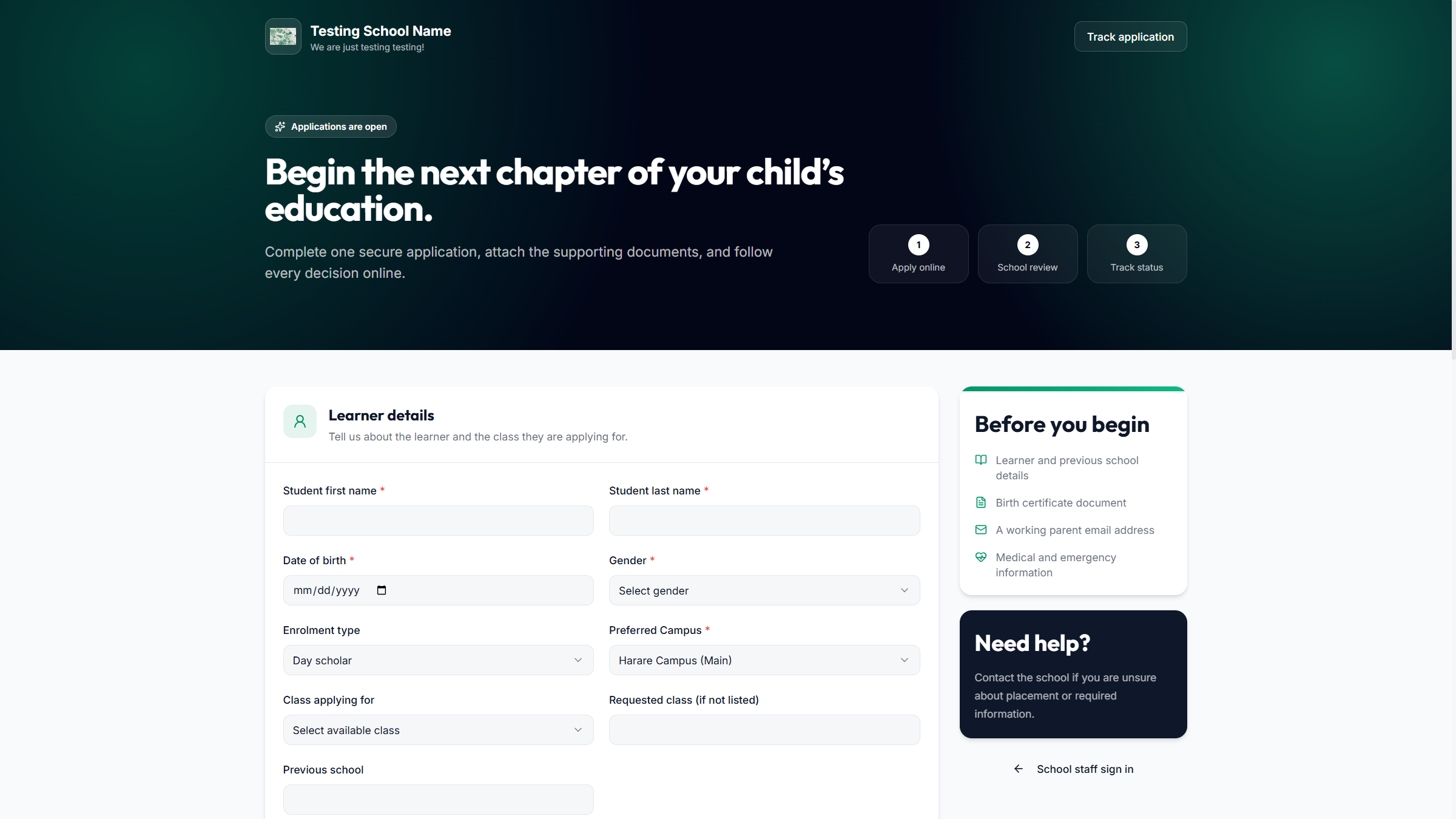 Online application form