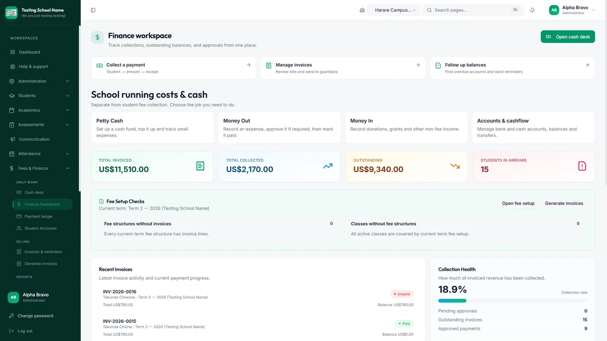 Finance fee dashboard with demonstration records