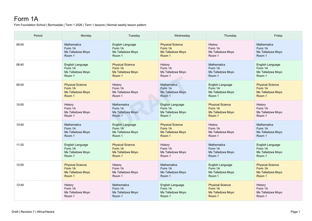 Synthetic class timetable verification report with a weekly subject grid and draft watermark
