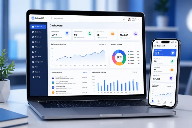 Tailored School dashboard preview for student records, fees, attendance and reports
